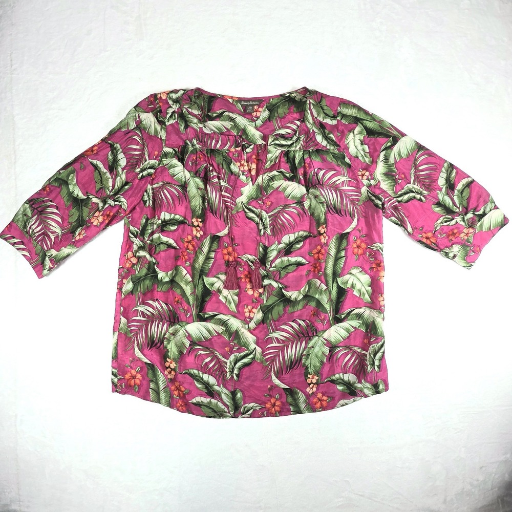 Tommy Bahama Blouse Top Womens Large Pink Green Tropical Floral Silk Blend